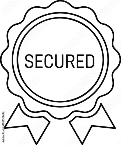 Black and white secured badge icon with ribbon tails, circular seal design symbolizing safety, protection, certification, and verified security in minimalistic outline style