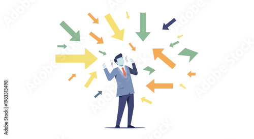 Businessman overwhelmed by numerous demands and information, feeling the intense pressure from every direction, symbolizing stress and difficult decisions