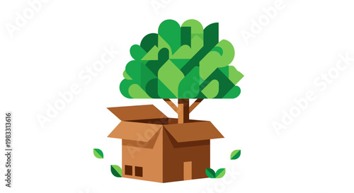 A sapling is growing out of an open cardboard box surrounded by green leaves, representing growth and sustainability