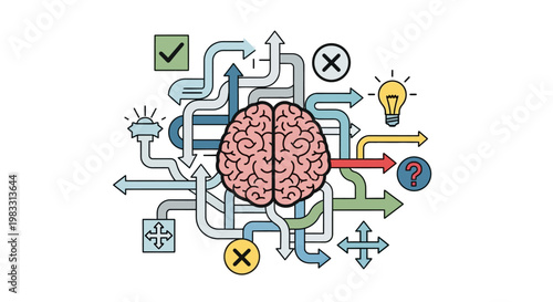 Conceptual illustration of a human brain navigating a complex maze of branching pathways and symbols representing choices, ideas, and problem-solving