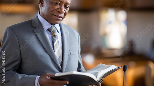 Preacher delivering a sermon during a Sunday church service, religious leadership concept, Christian ministry, congregational worship photography, defocused background, with copy space