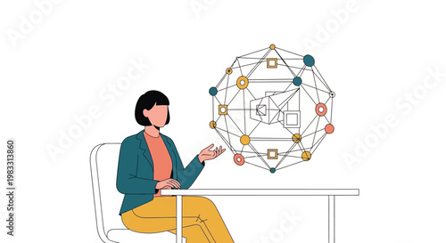 Woman engaging with a futuristic holographic data network, symbolizing advanced technology, artificial intelligence, and digital transformation concepts