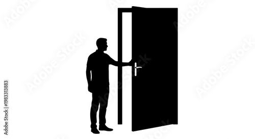 Silhouette of a person opening a door, standing next to the open doorway.