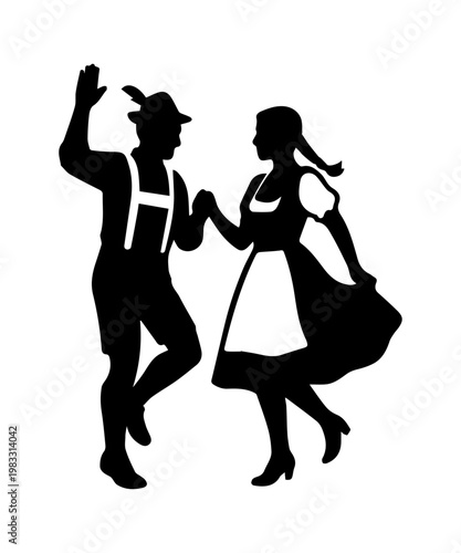 Oktoberfest couple dancing traditional bavarian folk dance silhouette