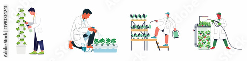 Scientists and researchers working with modern indoor hydroponic and vertical farming systems for sustainable smart agriculture illustrations set.