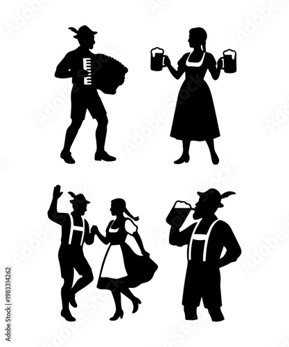 Oktoberfest beer, traditional bavarian folk dance silhouette set