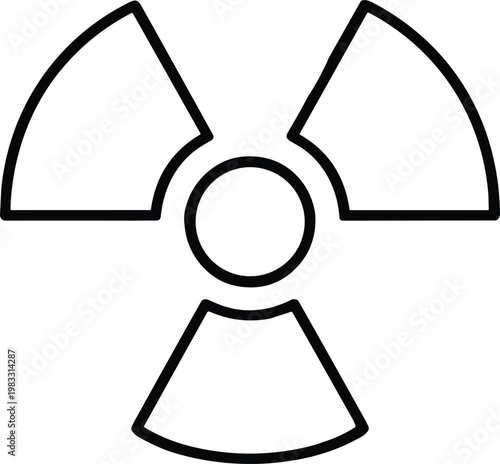 Black radiation hazard symbol icon with central circle and three triangular segments, minimalistic design representing radioactive materials, nuclear safety, and industrial warning
