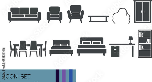 Print Home Living Room and Bedroom Furniture Silhouette Icon Set