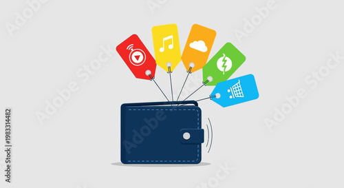 Digital wallet filled with icons representing music, love, cloud storage, global connectivity, and shopping