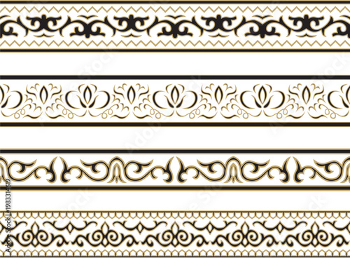 A set of black and gold endless borders. Tatar national ornament. Ethnic pattern of the Turkic peoples. Asian frame.