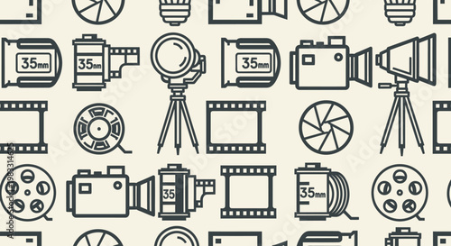 Camera and film icons on screen.