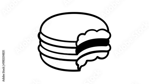 Minimalist vector icon illustration of a delicious French macaron with a bite taken out, perfect for bakery logos, pastry shop branding, dessert menus, and sweet treat graphic design projects.