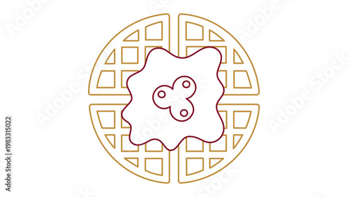 Professional minimalist vector icon illustration of a golden round Belgian waffle topped with sweet syrup and fresh berries, ideal for bakery menus, breakfast cafe branding, and food apps.