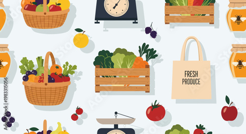 Fresh produce in wooden crates.