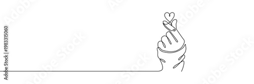 Continuous one line heart love hand korean finger icon care. Korean heart sign one line self valentine vector doodle symbol outline drawn art day drawing illustration print trend logo k gesture happy.