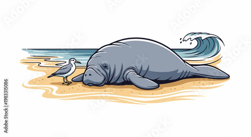 A manatee rests on a sandy beach next to a small bird and a wave