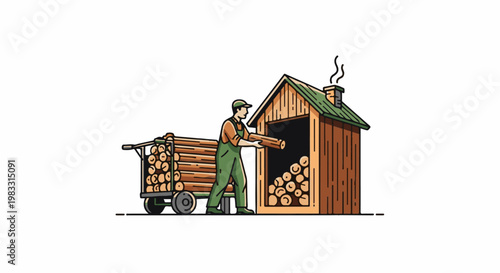 A man stacks firewood into a shed from a cart loaded with logs