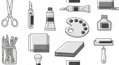 Art supplies on a table closeup.