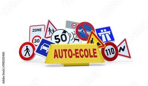 Tableau sur toile Panneaux de Signalisation Routière et Enseigne de Toit Auto-École sur Fond Blanc