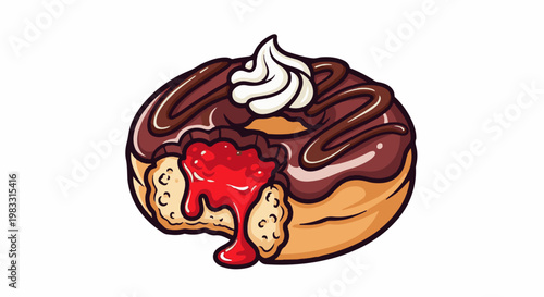A chocolate glazed donut with whipped cream and a bite taken out