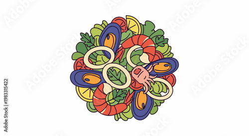 A vibrant cartoonish illustration of a circular seafood salad with shrimp, mussels, calamari, and greens