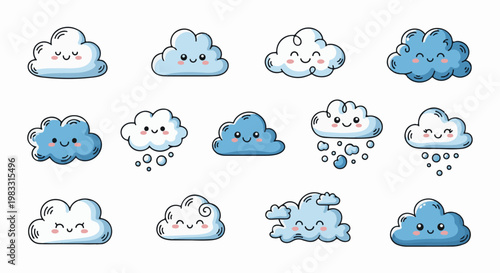 A collection of cute, smiling cartoon clouds in various blue and white shades
