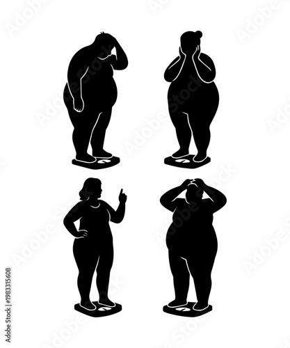 Overweight women and men silhouette set weighing on scales, feeling frustration