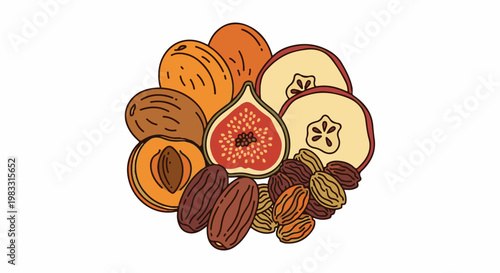 Assortment of dried fruits including figs, apples, apricots, dates, and raisins