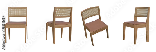 Mid-century modern wooden dining chairs with woven cane backrests, set of 4 minimalist oak side chairs, contemporary interior furniture collection isolated on Transparent Background