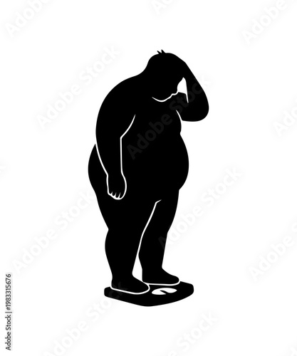 Overweight man weighing himself feeling frustration