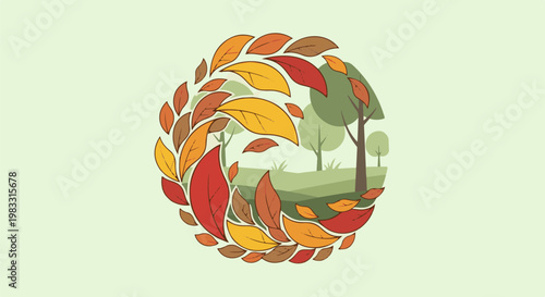 Autumnal landscape framed by falling leaves in a circular motif