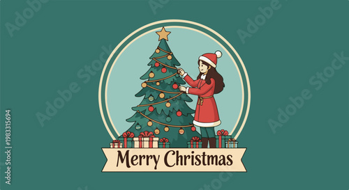 A festive illustration of a person decorating a Christmas tree with gifts