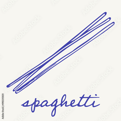 Blue spaghetti pasta illustration with long thin noodles and handwritten lettering on a light background. Italian food motif featuring classic uncooked strands in a clean retro style.
