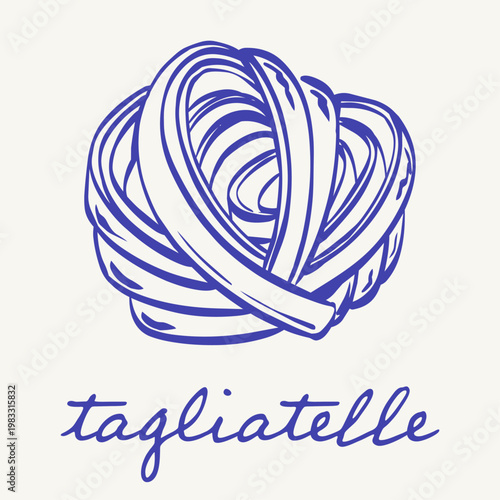 Blue tagliatelle pasta illustration with a curled noodle nest and handwritten lettering on a white background. Italian food motif featuring classic ribbon pasta in a clean retro style.
