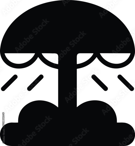 Black silhouette mushroom cloud vector illustration, nuclear explosion icon with shockwave lines, destructive power symbol for war, danger, atomic energy