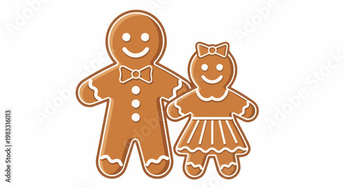 Two smiling gingerbread cookies, one male, one female, dressed