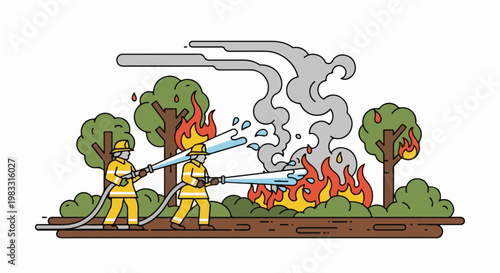 Two firefighters battling a forest fire, spraying water on flames
