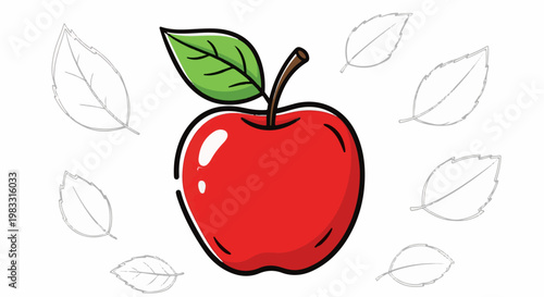 A bright red apple with a green leaf and stem, surrounded by faint leaf outlines