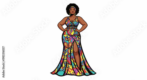 Woman with afro and colorful floral dress posing confidently