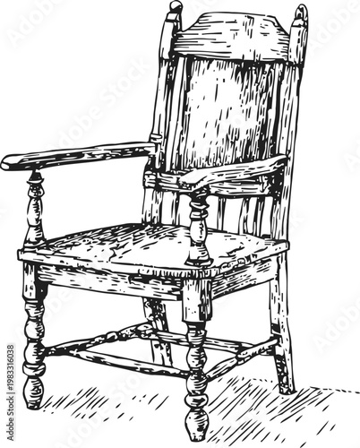 Vintage wooden armchair sketch with carved details and classic rustic design