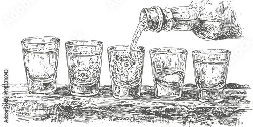Hand drawn illustration of pouring liquid into six glass shot glasses on wooden surface