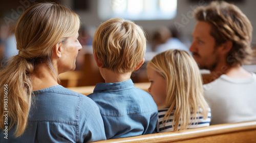 Rear view of a family seated together in a church pew during a Sunday service, faith and family unity concept, community worship photography, with copy space