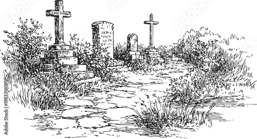 Vintage graveyard illustration with stone crosses and old tombstones in overgrown cemetery