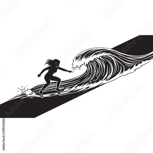 A woman on a skateboard carves down a stylized wave with sharp lines, creating a sense of speed and impact.