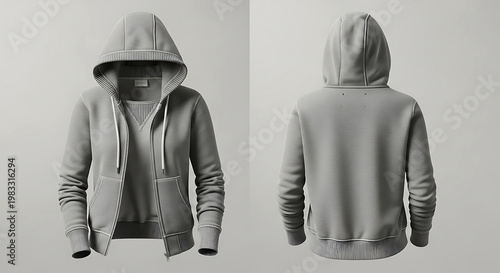 Front and back view of a grey zip-up hoodie with layered effect.
