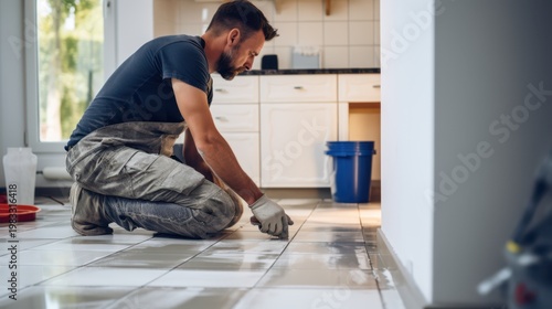tiler or tile setter placing tiles on ground in kitchen or bathroom floor