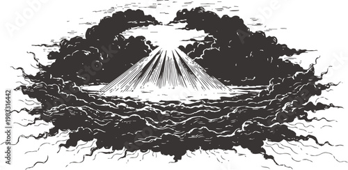 volcano eruption illustration with smoke and ash clouds spreading over landscape