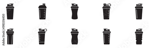 Protein bottle icon set. Collection of sports shaker bottle icons for protein and fitness drinks. Vector Illustration. EPS 10