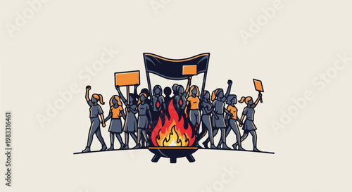 A diverse group of figures protest holding signs, with a large fire in the center