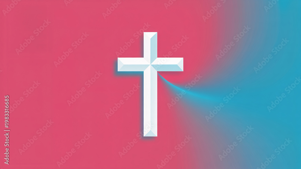 Fototapeta premium A white cross symbol on a pink and blue background with a beam of light